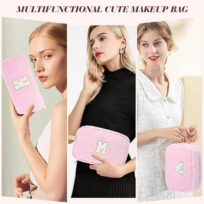 2PCS Makeup Bag with Initials, Christmas Day Gifts for Teen Girls Trendy Stuff, Personalized Cosmetic Travel Bag Pouch for Granddaughter, Cute Plush Make up Bags for Birthday - Pink U