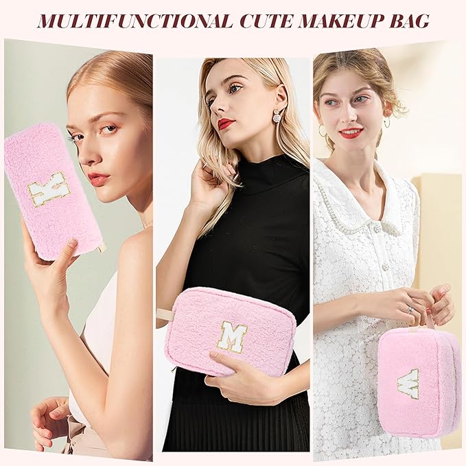 2PCS Makeup Bag with Initials, Christmas Day Gifts for Teen Girls Trendy Stuff, Personalized Cosmetic Travel Bag Pouch for Granddaughter, Cute Plush Make up Bags for Birthday - Pink B