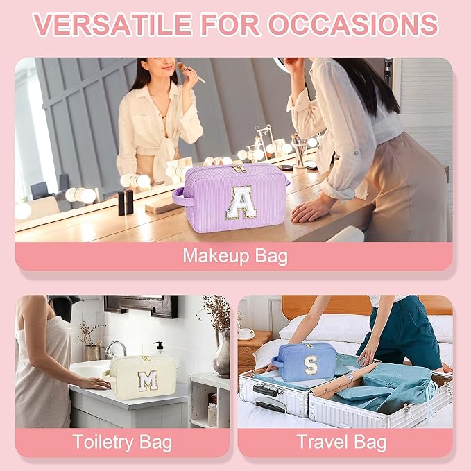 YOOLIFE Girlfriend Gifts Makeup Bags - Initial Makeup Bag Travel Makeup Bag with Zipper Small Makeup Brush Bag Corduroy Makeup Bag Sister Birthday Gifts Bridesmaid Proposal Gifts for Women Letter K