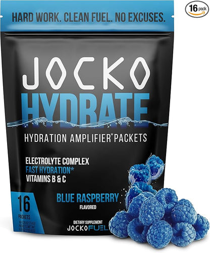 Jocko Fuel Hydrate Electrolytes Powder Packets Low Sugar - Hydration Amplifier Packets for Recovery, Dehydration, & Exercise - with Vitamins B6, B12 & C (16 Packets) Blue Raspberry