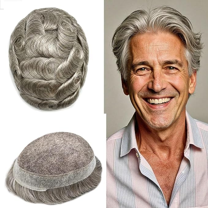 FACE MIRACLE Lace Front Mens Toupee Human Hair System Swiss Lace Center Toupee for Men Thin Skin PU Around Hair Replacement System V-Looped Mens Hair Wig Units 7"X9" #380 Dark Brown with 80% Gray