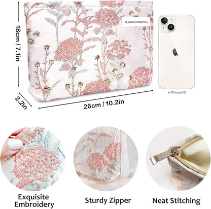 STARDW Aesthetic Floral Makeup Bag Cute Small Cosmetic Bags for Women Girls, Travel Toiletry Bag Large Capacity Zipper Makeup Pouch, Purse Organizer Pouches