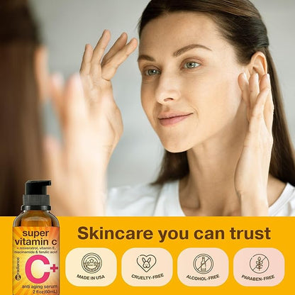 Double Size (2OZ) Super Vitamin C Serum for Face w/Niacinamide Serum, 5% Vitamin C Face Serum w/Hyaluronic Acid, Resveratrol, Anti-Aging Brightening Super C Serum, Facial Serum Vitamina C, E