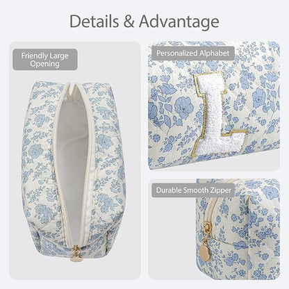 Gleyemor Personalized Initial Makeup Bag for Women, Cute Quilted Blue Floral Cotton Cosmetic Bag, Christmas Gifts for Her Mom Friend Sister Bridesmaid Teacher Women L