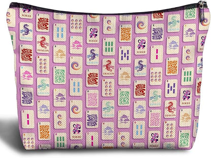 Pink And Cute Mahjong Tiles Makeup Bag, Mahjong Gifts for Women Cosmetic Bags, Gifts for Mah Jong Players Lovers Makeup Zipper Pouch