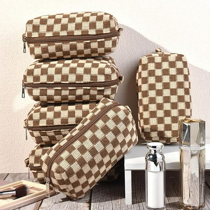 SOIDRAM Checkered Makeup Bag Preppy Cosmetic Bag Bulk Brown Makeup Pouch Personalize Travel Toiletry Bag Organizer Cute DIY Makeup Brushes Storage Bag for Women