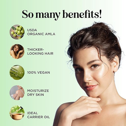 Organic Amla Oil for Hair - 100% Pure Amla Hair Oil for Volume Shine & Hydration - Cold-Pressed Extra Virgin Unrefined Non-GMO & USDA Organic for Nourishing Moisturizing Scalp Care (4 Fl Oz)