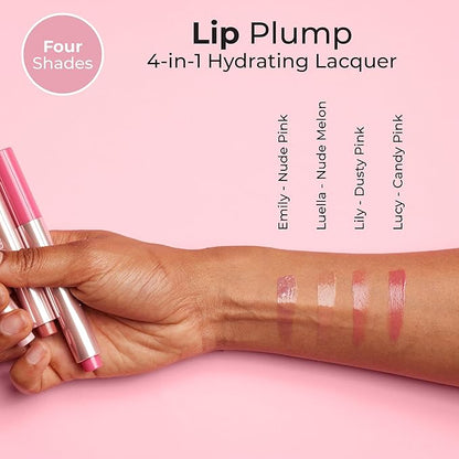 MCoBeauty - Lip Plump 4-in-1 Hydrating Lacquer - Multi-Benefit Lip Color with Shea Butter, Hyaluronic Acid and Click-Pen Format - Luella, Nude Melon Shade - 2.5ml
