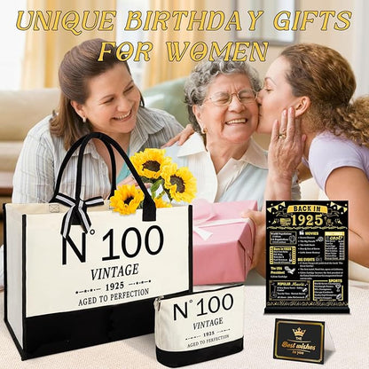 100th Birthday Gifts for Women Canvas Tote Bag Travel Gear,Unique 100 Years Old Gifts for Wife Mom Sister Aunt Friends Her, Vintage N°100 Handbag & Cosmetic Bag & Back in 1925 Poster