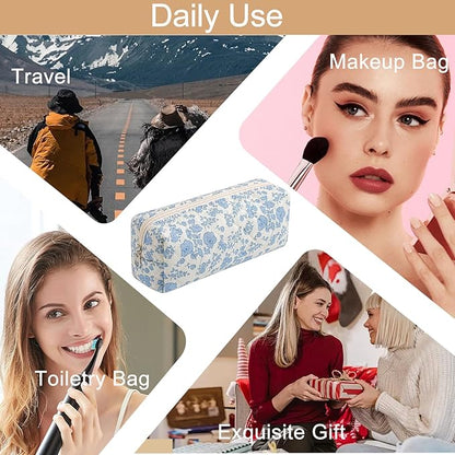 Cute Floral Cotton Makeup Brush Cosmetic Bag for Women, Travel Quilted Zipper Make Up Bag, Flowers Toiletry Organizer Case Kawaii Makeup Cosmetic Travel Cloth Pouch (Blue Floral)