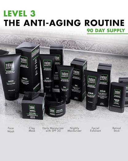 Tiege Hanley 90 Day Large Skin Care Set for Men, Anti Aging Routine, System Level 3, Daily Face Wash, Facial Scrub, Two Moisturizers, Eye Cream, & Serum for Healthy Skin, Men’s Skin Care, 6 Piece Kit