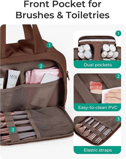 BAGSMART Travel Toiletry Bag, Puffy Toiletry Bag for Women, Wide-open toiletry bags for traveling, Large Travel Cosmetic Makeup Bag Organizer for Accessories,Toiletrie (Coffee Brown)