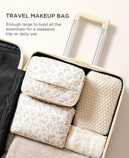 HBselect 2Pcs Travel Makeup Bag, Large Cotton Quilted Makeup Bag Cosmetic Bag Cute Make up Bag Toiletry Bags for Women Girls