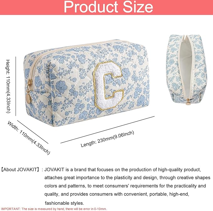 JOVAKIT Alphabet Makeup Bag Cosmetic Bag for Women, Christmas Gifts for Girls Age 6-18, Floral Flowers Coquette Travel Toiletry Zipper Make Up Pouch Organizer Trendy Stuff (2Pcs Blue Floral C)