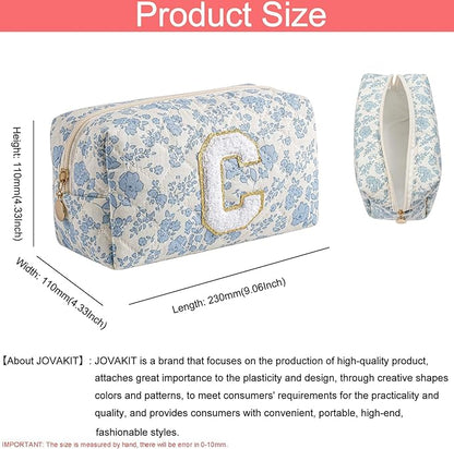 JOVAKIT Alphabet Makeup Bag Cosmetic Bag for Women, Christmas Gifts for Girls Age 6-18, Floral Flowers Coquette Travel Toiletry Zipper Make Up Pouch Organizer Trendy Stuff (2Pcs Blue Floral C)