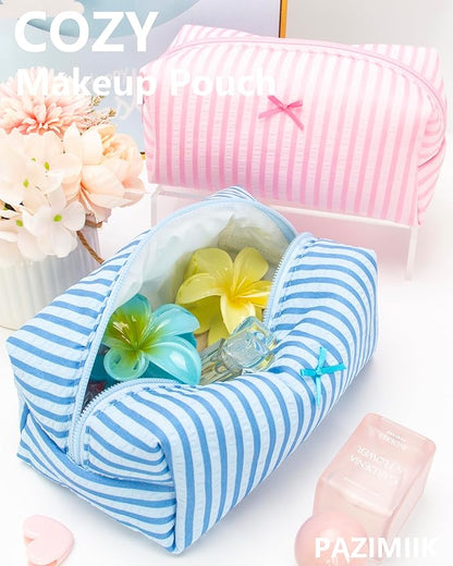 PAZIMIIK 2PCS Cozy Makeup Bag Small Aesthetic Travel Zipper Cosmetic Pouch for Women Make Up Beauty Accessories Brushes, Stripe Lake Blue