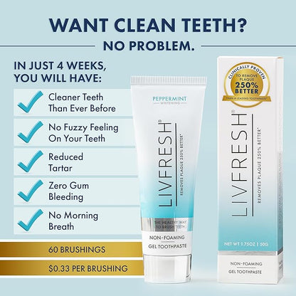 LIVFRESH Toothpaste Gel, Clinically Proven to Remove Plaque 250% Better, Improves Gum Health 190% Better, Prevents & Reduces Tartar, Peppermint