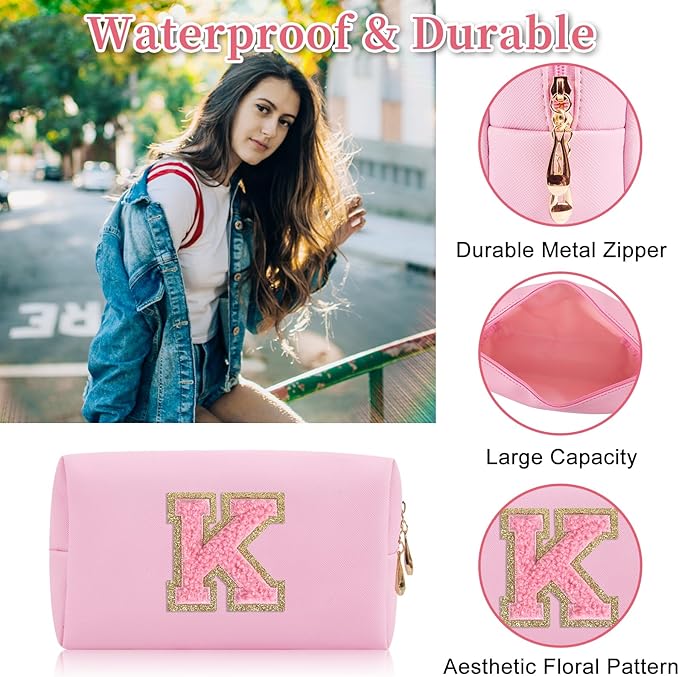 Iqimott Personalized Initial Letter Patch Makeup Bag, Preppy Small Chenille Letter Cosmetic Bag with Zipper, PU Leather Waterproof Travel Toiletry Bag Monogram Make Up Pouch for Women Girls(Letter K)