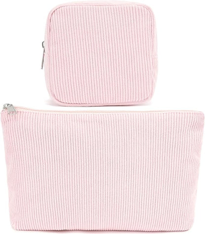 Corduroy Makeup Bag, Travel Cosmetic Bag Organizer Toiletry Bag Make Up Bags with Zipper & Compartments for Women Girls, 2PCS