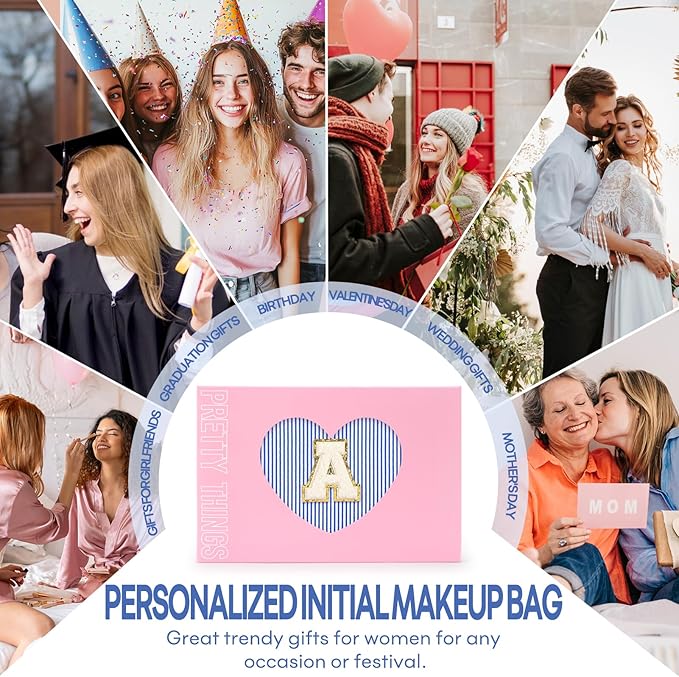 2 PCS Initial Makeup Bags for Women: Cosmetic Bag for Travel Toiletry - Birthday Gifts for 11 12 13 14 15 16 17 18 Years Old Girl Graduation Teacher Gift- Teen Girl Gifts Trendy Stuff - Blue D