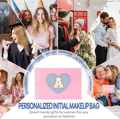 2 PCS Initial Makeup Bags for Women: Cosmetic Bag for Travel Toiletry - Birthday Gifts for 11 12 13 14 15 16 17 18 Years Old Girl Graduation Teacher Gift- Teen Girl Gifts Trendy Stuff - Blue D