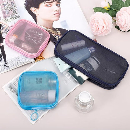 4 Pieces Mini Zipper Nylon Mesh Pouch, Mesh Cosmetic Bags Makeup Bags, Multipurpose Travel Toiletry Bags for Office Supplies and Travel Accessories (Navy Blue, S)