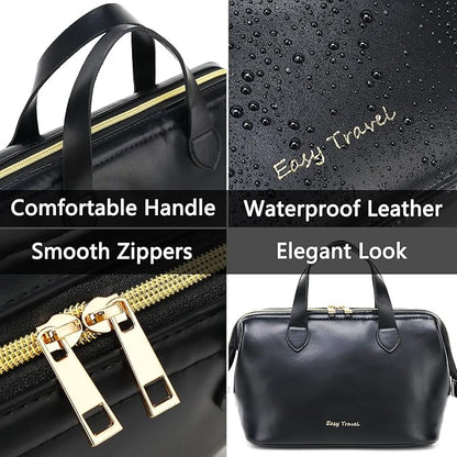 Travel Makeup Bag, Large Wide-open Cosmetic Bag Make Up Organizer Case for Women, Waterproof PU Leather Toiletry Bag Skincare Pouch for Toiletries Accessories Brushes