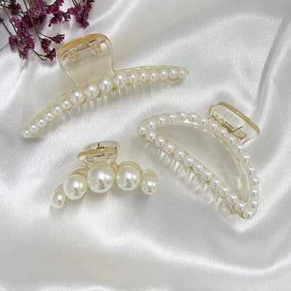 Mehayi 4 PCS Large Pearl Hair Claw Clips for Women Girls, Hair Barrette Clamps for Thick Thin Hair, Fashion Hair Accessories Headwear Styling Tools for Party Wedding