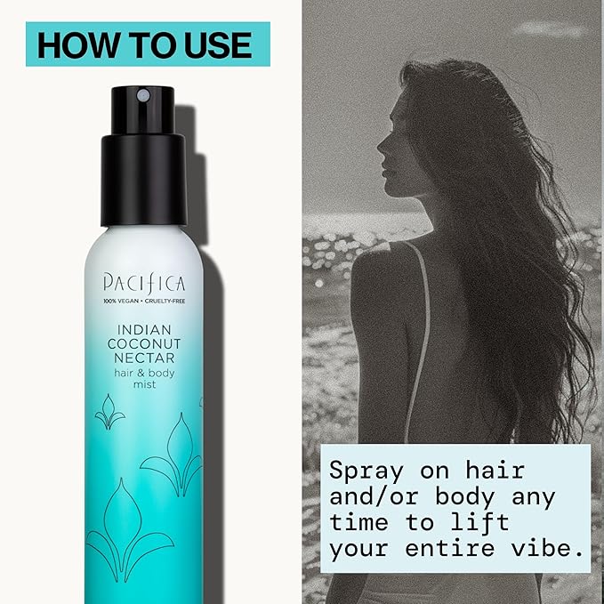 Pacifica Indian Coconut Nectar Hair Mist Perfume & Full Body Spray for Women - Body Mist Fragrance w/Tiare, Sugar, Vanilla, Almond & Amber Clean Beauty Alcohol-Free, Vegan & Cruelty-Free, 5 Oz