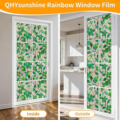 Stained Glass Window Privacy Film Decorative Rainbow Static Clings – Ideal for Home & Office, Adhesive-Free, Removable, UV-Blocking (Green Rainbow, 35.4 X 157.4 in)