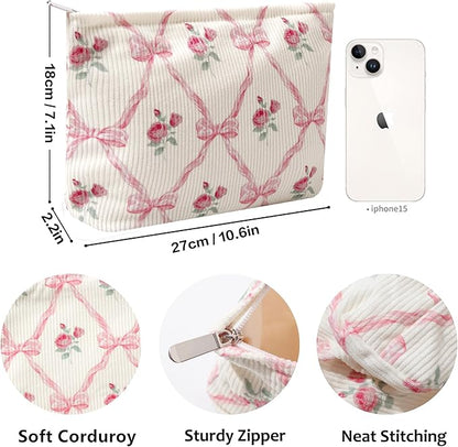 Cosmetic Bags for Women - Corduroy Cosmetic Bag Aesthetic Women Handbags Purses Smile Dots Makeup Organizer Storage Makeup Bag Girls Case Bags (Flowers-Bow)