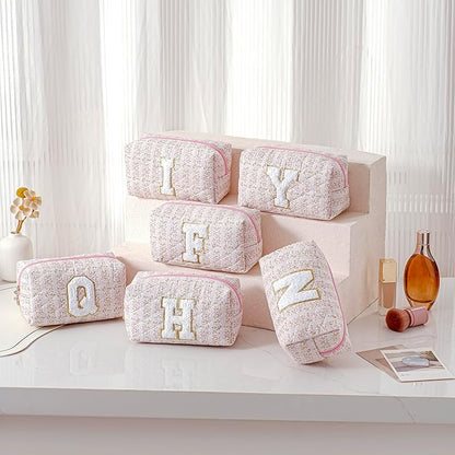 JOVAKIT Alphabet Makeup Bag Cosmetic Bag for Women, Christmas Gifts for Girls Age 6-18, Floral Flowers Coquette Travel Toiletry Zipper Make Up Pouch Organizer Trendy Stuff (Pink Floral H)