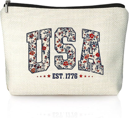 Retro Floral USA 4th of July Makeup Bag, America Patriotic Cosmetic Bags for Women, Red White and Blue USA Toiletry Bag for Women, cosmetic bag, makeup case
