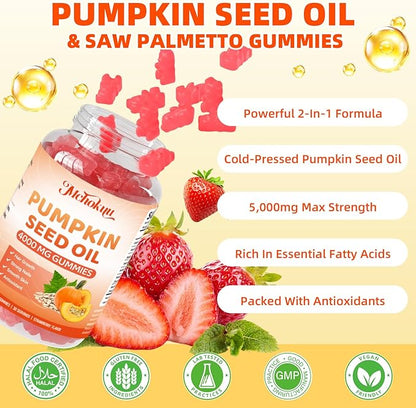 Pumpkin Seed Oil Supplement Gummies 4000mg with Saw Palmetto for Hair Growth & Skin Health, High Pure Extract for Women & Men Extra Strength Pumpkin Seed, Strawberry Flavor, 120 Count