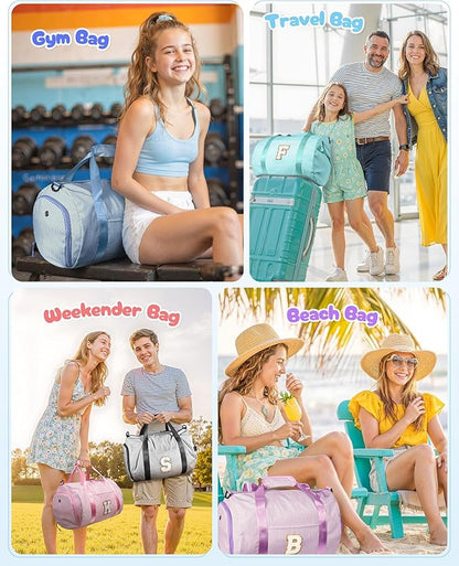 Tween Girl Gifts Trendy Stuff, Girls Travel Duffle Bag, Kids Initial Overnight Bags with Shoe Compartment, Personalized Weekend Bag with Cosmetic Pouch, Preppy Stuff (Letter E)