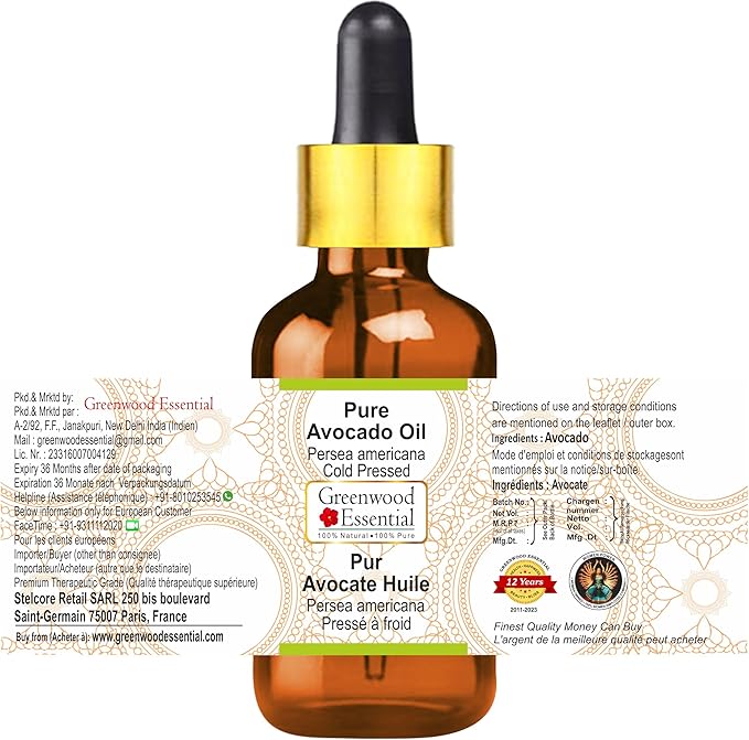 Greenwood Essential Pure Avocado Oil (Persea americana) with Glass Dropper Cold Pressed 10ml (0.33 oz)