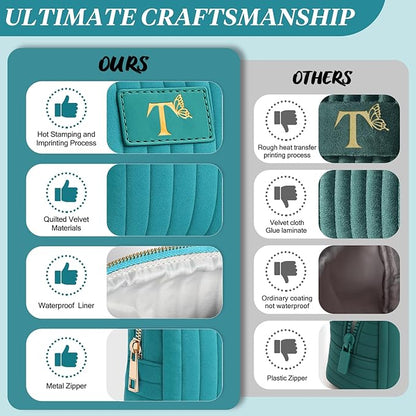 Monogrammed Make Up Bags for Women,Personalized Cosmetic Bags Women,Small Quilted Makeup Pouch,Cute Makeup Bag Travel,Birthday Gifts for Teen Girl (Blue T)