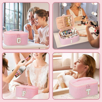 OCHEAL Makeup Bag for Women, Monogram Cosmetic Bag with Brush Holder, Pink Travel Makeup Case Beauty Toiletry Bag Organizer Personalized Gifts for Girls Bridesmaid, Sister, Wife, Friends Initial S