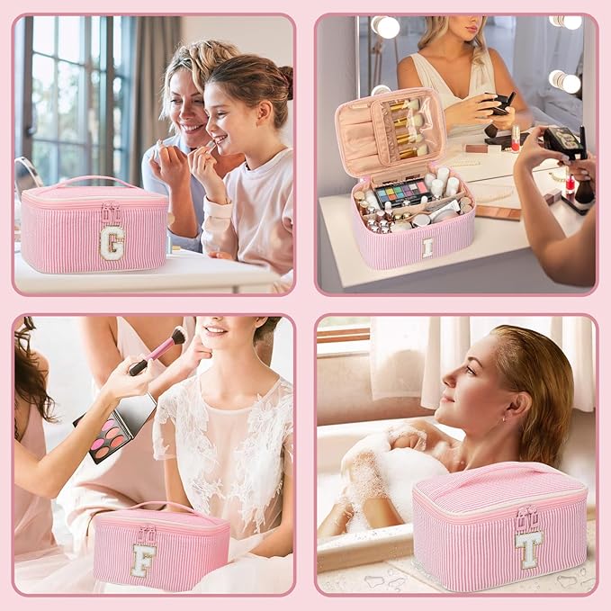 OCHEAL Makeup Bag for Women, Monogram Cosmetic Bag with Brush Holder, Pink Travel Makeup Case Beauty Toiletry Bag Organizer Personalized Gifts for Girls Bridesmaid, Sister, Wife, Friends Initial Z