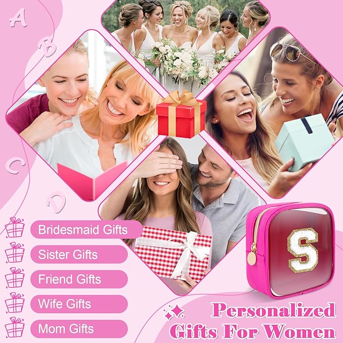 Personalized Initial Letter Clear Preppy Makeup Bag,Mini Nylon Chenille Letter Cosmetic Bag Cute Zipper Pouch Coin Purse for Teen Girls,Portable TSA Approved Travel Essentials Bag Gift for Women,S