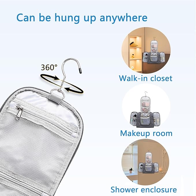 Hanging Toiletry Bag for Men, Travel Makeup with Metal Swivel Hook, Organizer for Full Sized Cosmetics and Toiletries, Water-Resistant Nylon, Grey