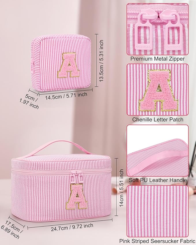 Initial Makeup Bag Cosmetic Bag Bridal Shower Gifts - Bridesmaid Bag,Bridesmaid Proposal Gifts for Wedding Day,Maid Matron of Honor Gift, Bride to be Gifts,Bachelorette Party Favors,2PCS,Pink N