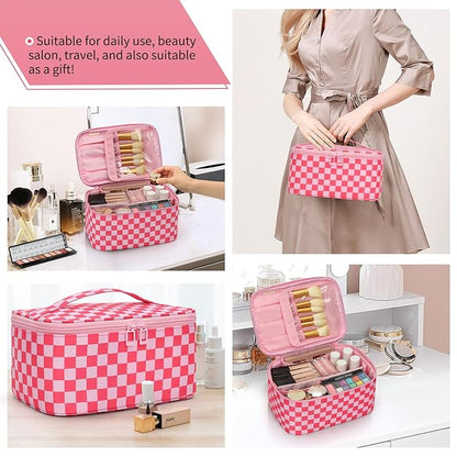 OCHEAL Makeup Bag Portable Cosmetic Bag For Women, Large Capacity Travel Makeup Case Organizer, Toiletry Bag for Girls Traveling With Handle and Divider-Pink
