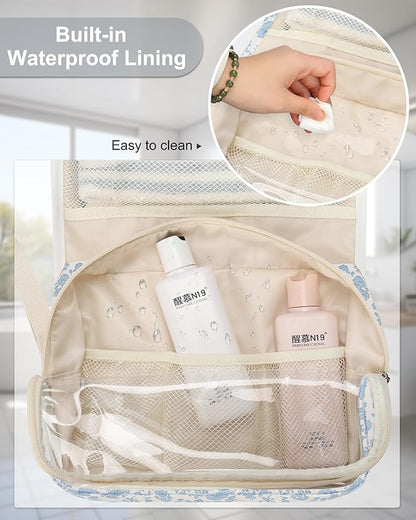 Hanging Toiletry Bag, Travel Toiletries Bag with Hanging Hook, Water Resistant Makeup Cosmetic Organizer for Full Sized Container, Shampoo, Portable Wash Bag for Travel Size Essentials - Blue Flower