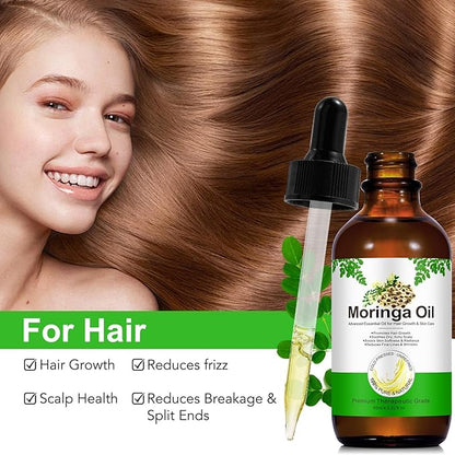 Moringa Oil for Hair 2.02 fl.oz, 100% Natural Premium Organic Cold-Pressed Glass Bottle Moringa Oil, Moringa Seed Oil for Face, Hair & Body Care, Anti-Aging, Nourish Hair, Scalp & Body Massage