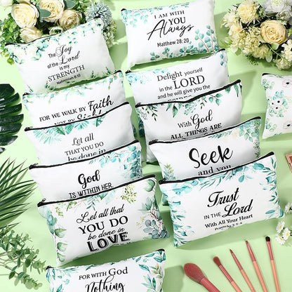 Hillban 36 Pcs Christian Gifts for Women Christian Makeup Bag Bible Verse Cosmetic Bag Inspirational Pencil Case with Zipper Green Leaves Travel Organizer Pouch for Cosmetics Makeup Brushes, 12 Styles