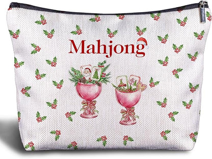 Christmas Mahjong Cocktail Makeup Bag, Mahjong Lover Player Gifts Cosmetic Bags for Women, Gifts for Cocktail Lovers, Christmas Holly Berry Mah Jong Makeup Zipper Pouch