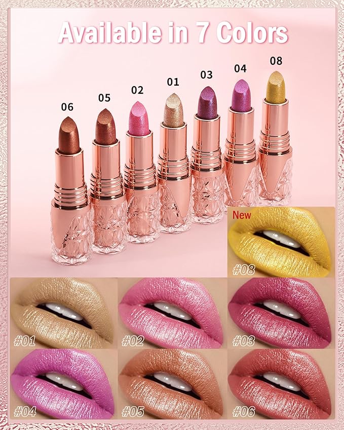 Gold Glitter Metallic Shimmer Lipstick Long Lasting, Diamond High Pigmented Metallic Matte Gold Lipstick, Non-Stick Lip Gloss, Transferproof Lip Color Lip Stick Makeup for Women-08