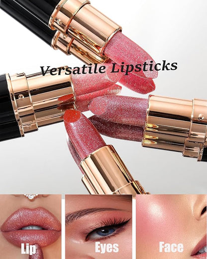 Pink Metallic Glitter Lipstick Long Lasting, Diamond Nude Shimmer Lip Gloss High Pigmented Lip Red Color Matte Lip Stick for Women, Sparkling Shiny Transfer Proof Non Stick Tinted Lip Balm Makeup-02