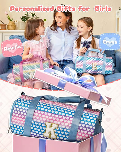 Christmas Gifts for Grandkids, Girls Travel Duffel Bag, Kids Initial Overnight Bags with Shoe Compartment, Initial Duffle Bag with Makeup Pouch, Teen Girl Trendy Stuff (Letter A)